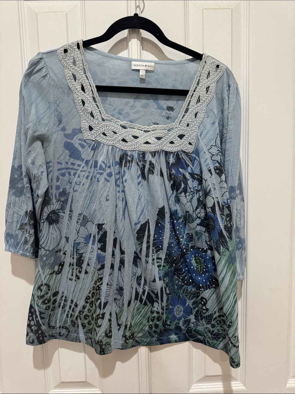 Fashion Bug Pale Blue Floral Crochet-Trim Top
